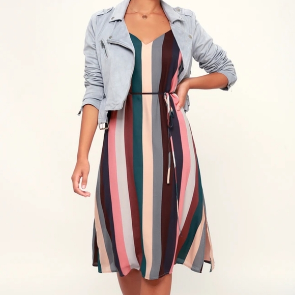 Erina Mauve Multi Stripe Belted Midi Slip Dress - Picture 1 of 3